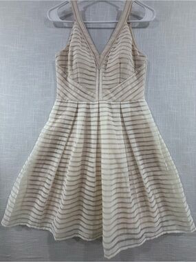 Sleeveless V-Neck Striped Fit & Flare Dress in Beige and Cream